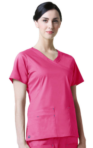 Maevn Blossom Y-Neck Mock Wrap Top with Princess Seaming - Passion Pink