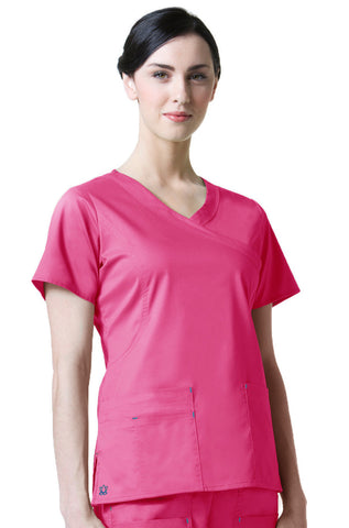 Maevn Blossom Y-Neck Mock Wrap Top with Princess Seaming - Passion Pink