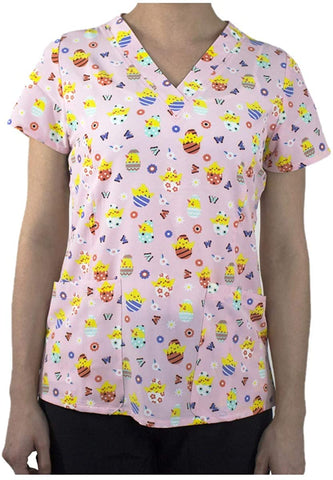 Maevn 1767 EEH Ester Egg Hunt Printed V-Neck Scrub Top <br> Sizes S to XL