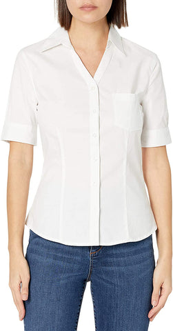 Lee Women Juniors White Short Sleeve Stretch Poplin Blouse E9356JL <br> Sizes S - L