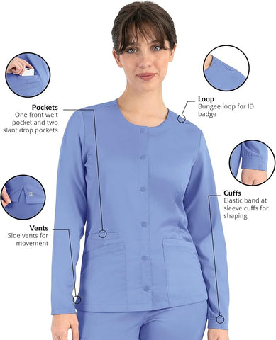 Maevn Matrix Womens Round Neck Medical Scrub Snap Jacket 7701 <br> Sizes XS to 3XL <br> Black, Ceil Blue, Navy, Pewter, Royal, Teal & Wine