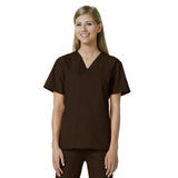 Maevn Womens V-Neck Two Pocket Scrub Top and Flare Leg Pant Set Chocolate
