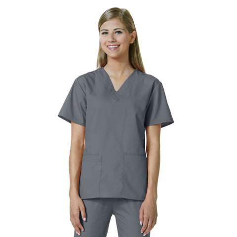 Maevn Womens V-Neck Two Pocket Scrub Top and Flare Leg Pant Set Pewter