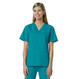 Maevn Womens V-Neck Two Pocket Scrub Top and Flare Leg Pant Set  Teal