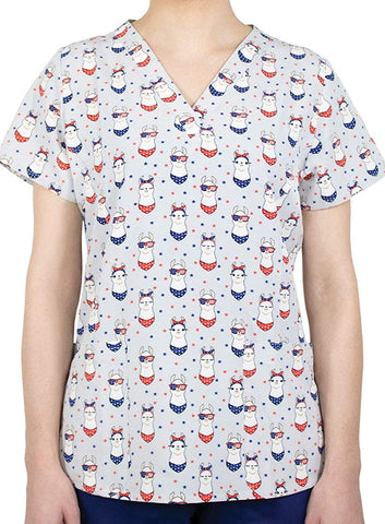Maevn 1767 HFL Have a Fabullama 4th Printed V-Neck Scrub Top <br> Sizes XS to 2XL
