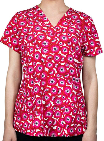 Maevn 1767 PPP Pretty Poppies Printed V-Neck Scrub Top <br> Sizes S to L